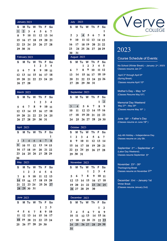 School Calendar | Verve College | Practical Nurse School