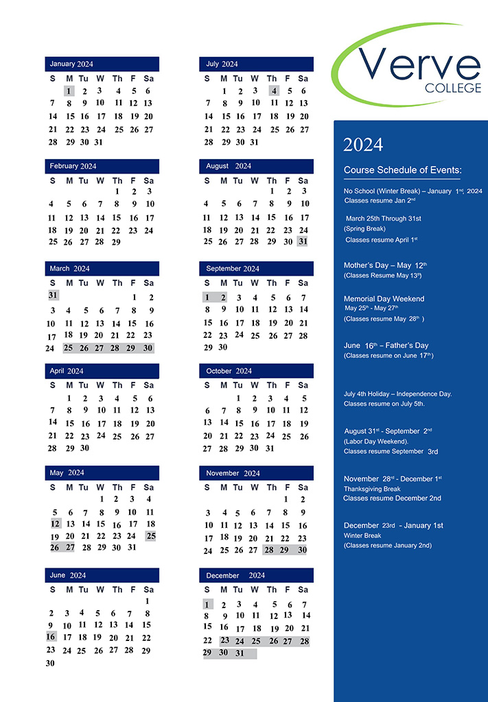 School Calendar | Verve College | Practical Nurse School