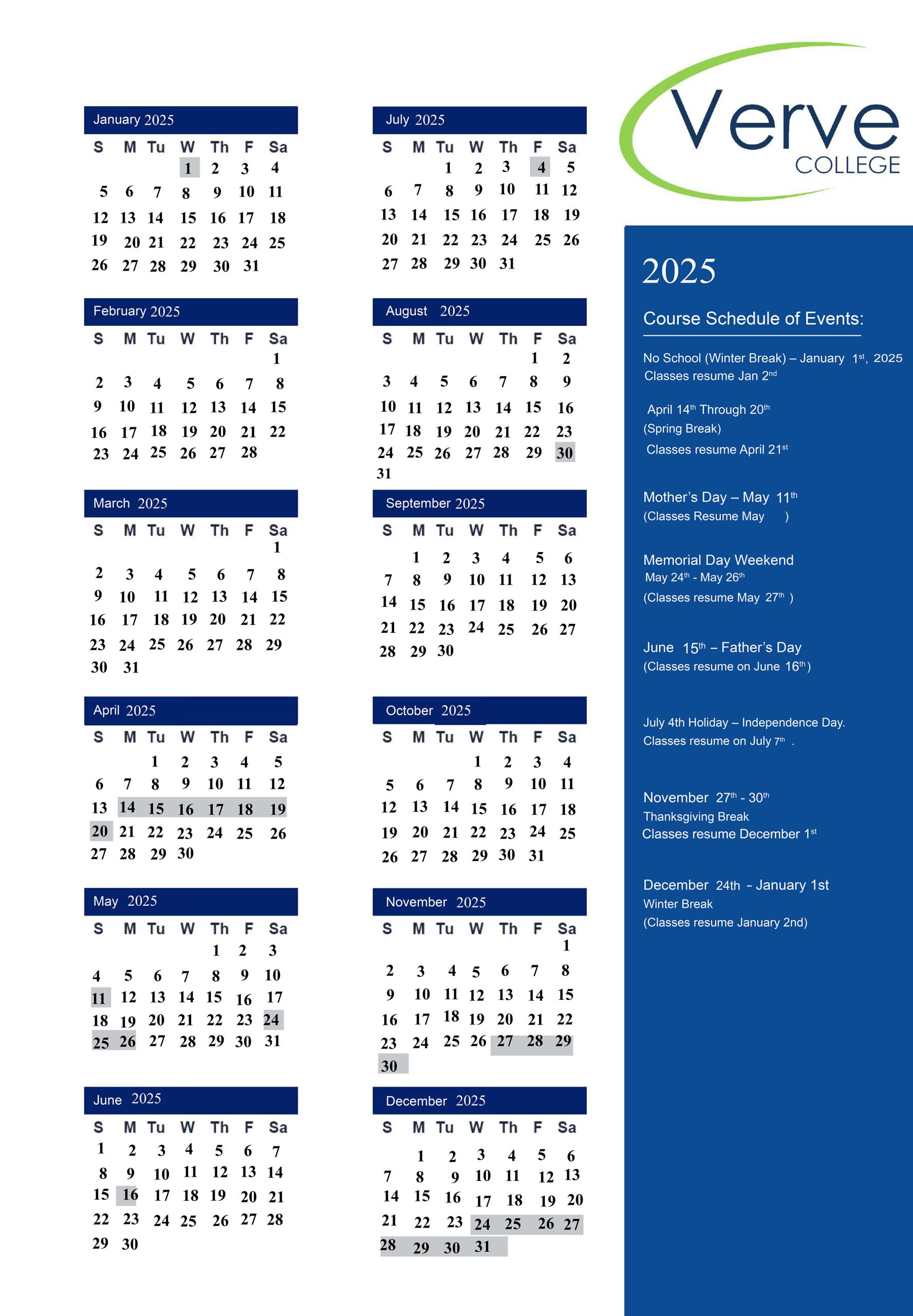 School Calendar | Verve College | Practical Nurse School