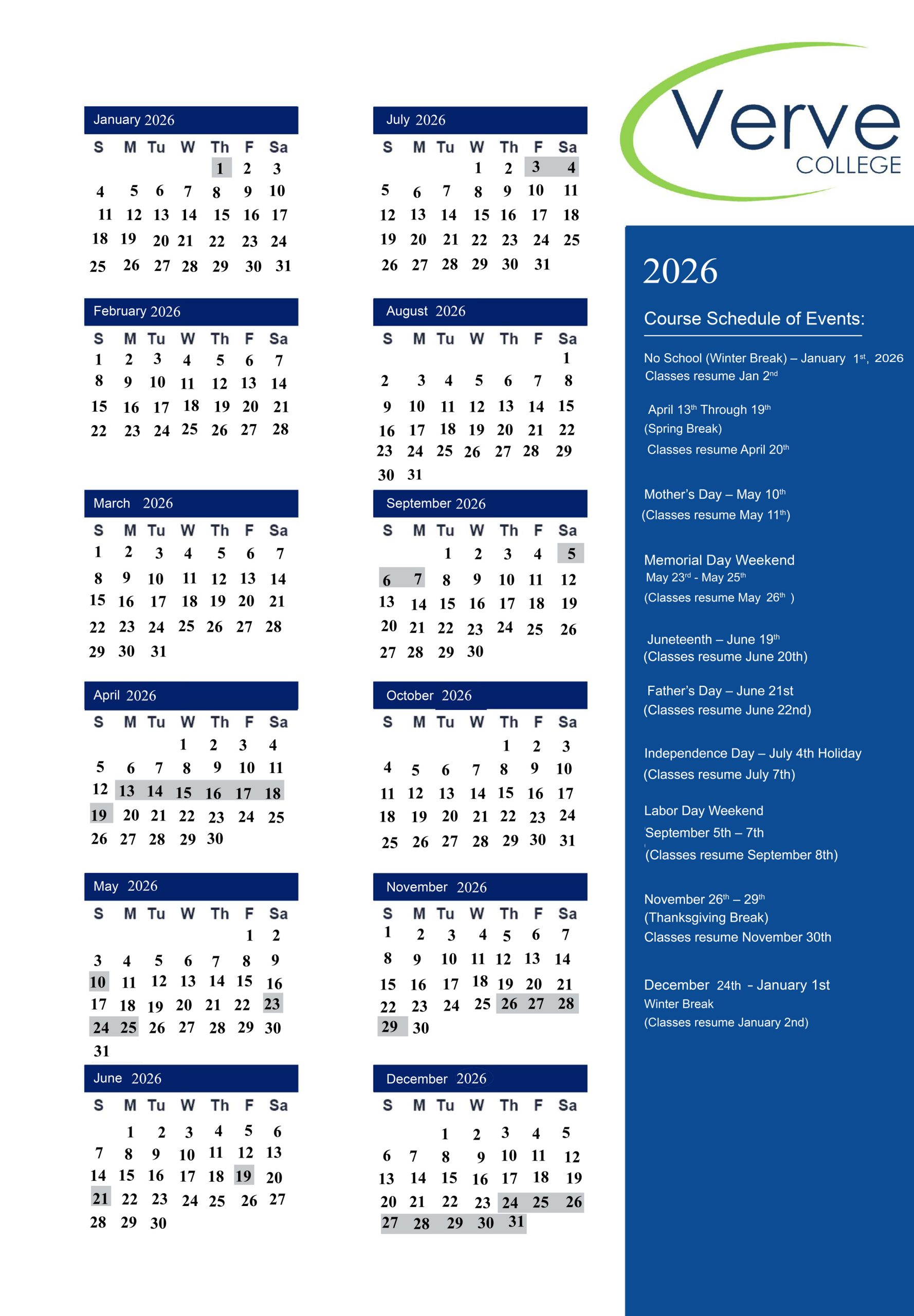 School Calendar | Verve College | Practical Nurse School