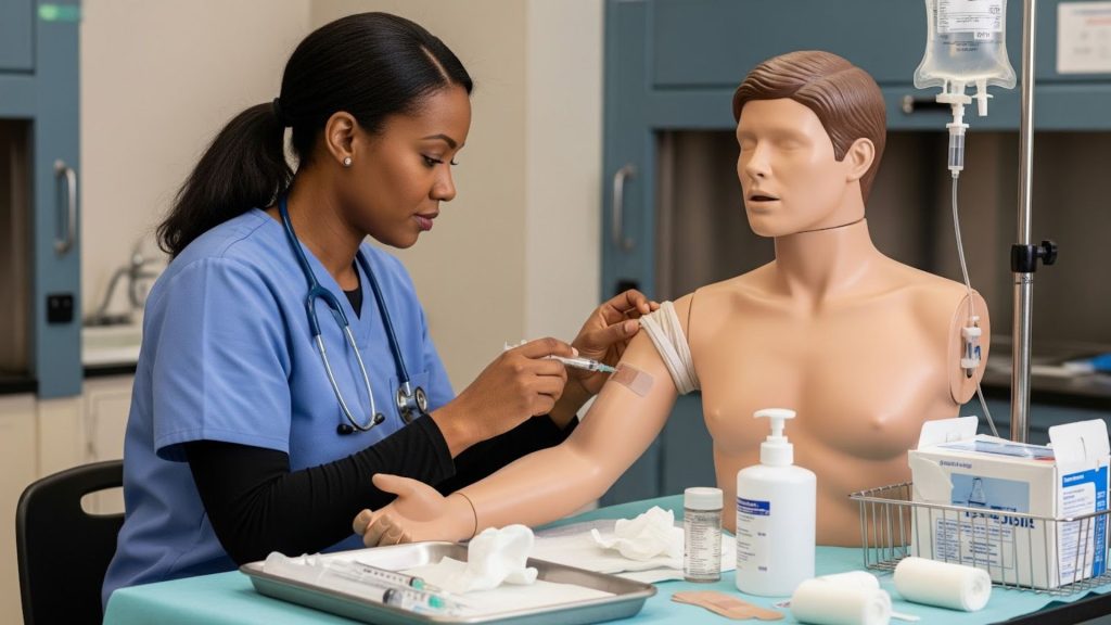 Female nurse in practical night class