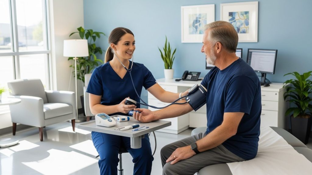 Nurse checking vitals in clinic