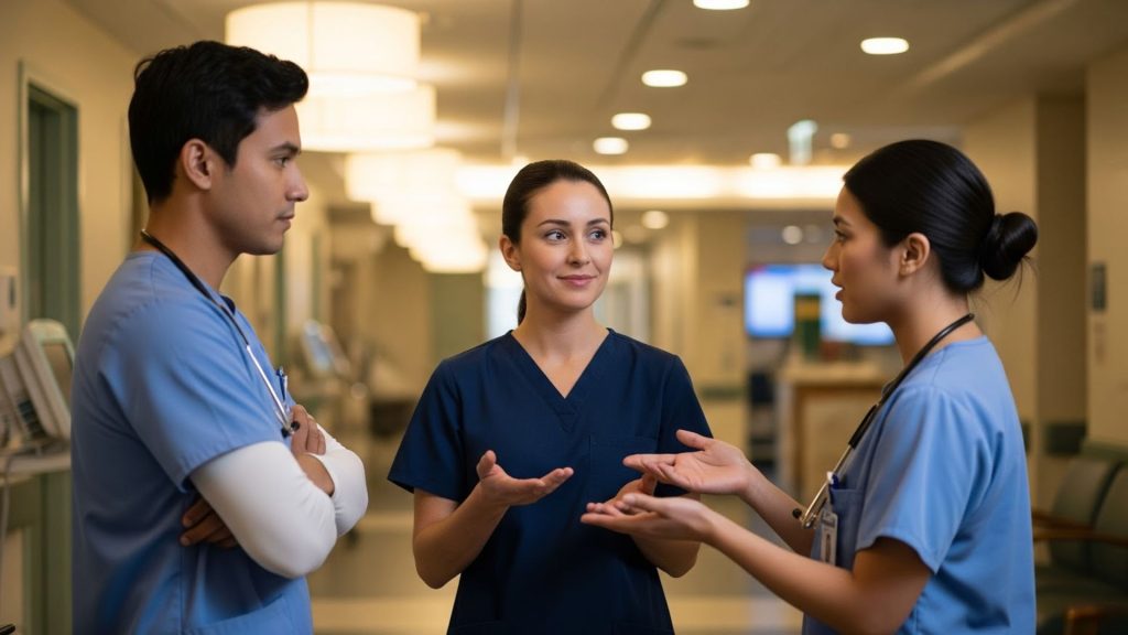 Nurse mediating workplace conflict between healthcare teammates