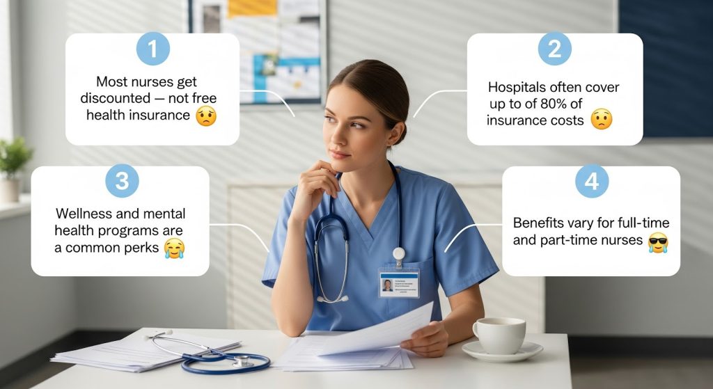 Nurse reviewing healthcare benefit forms in hospital break room