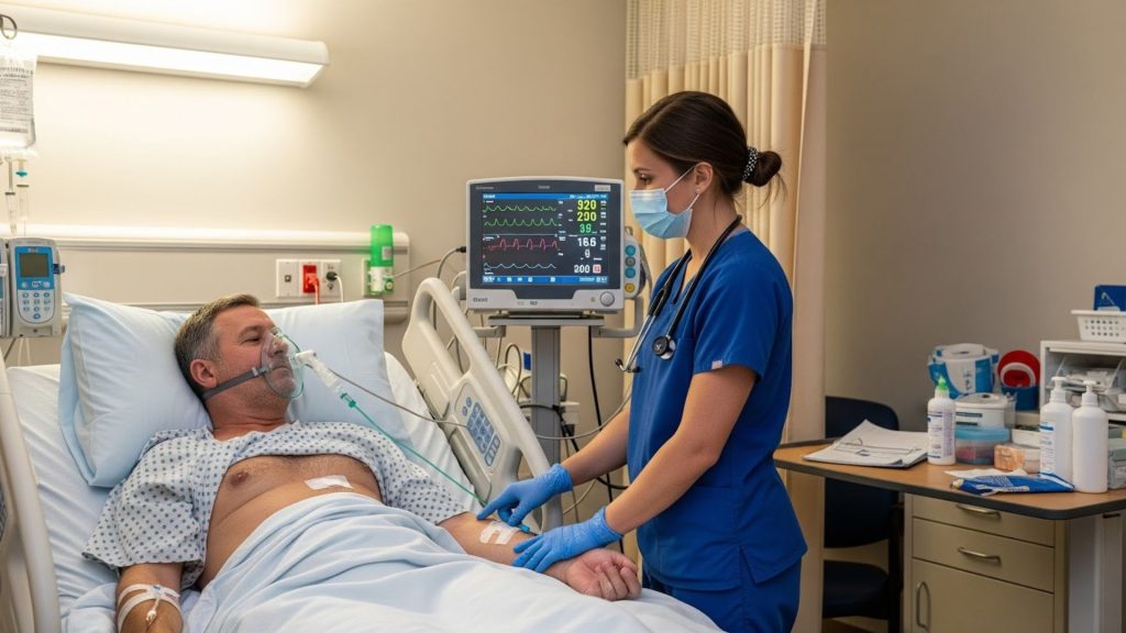 Nurse using ABCDE approach to prioritize patient care.