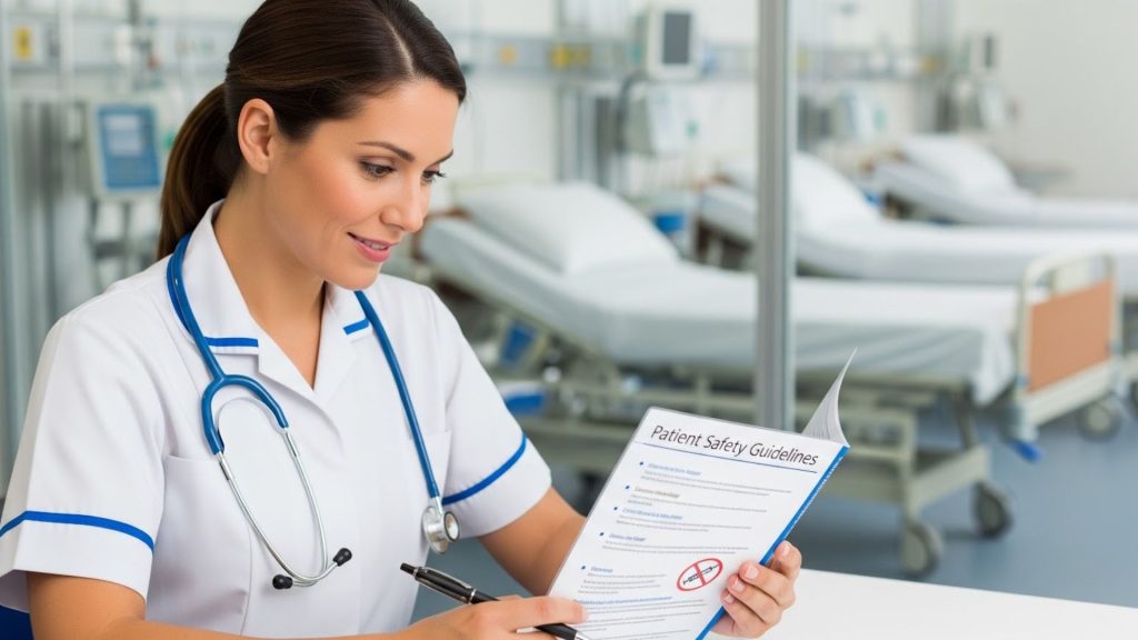 Nurses reviewing workplace safety guidelines to prevent common risks