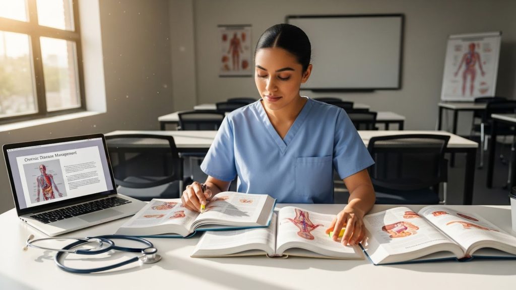 Nursing student learning about chronic illness in a classroom