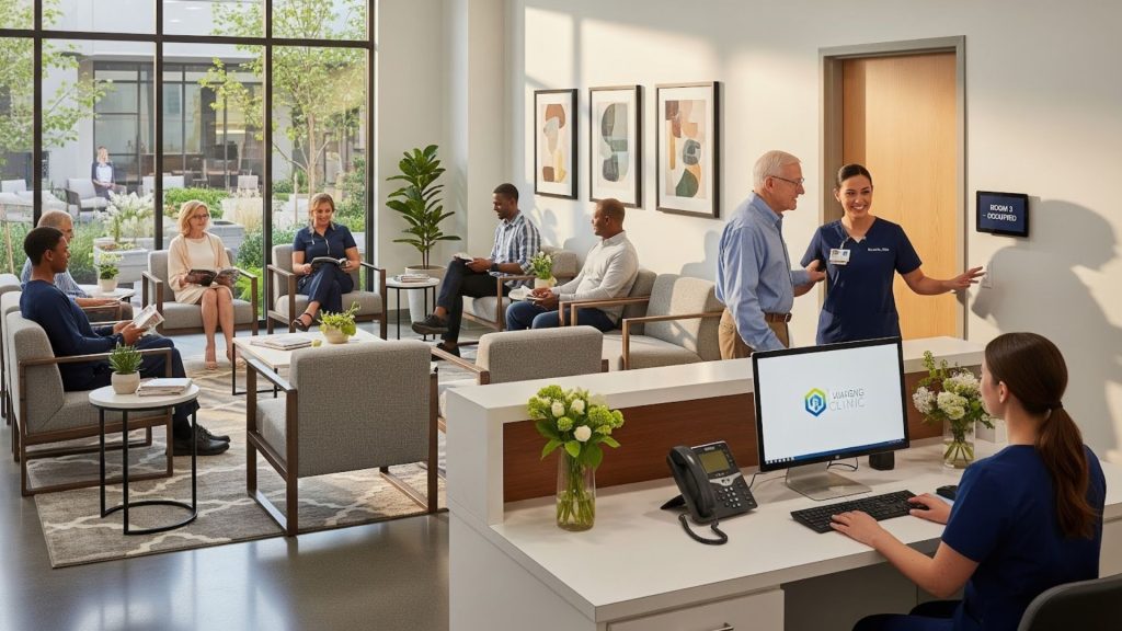 Outpatient clinic with nurse guiding patient 