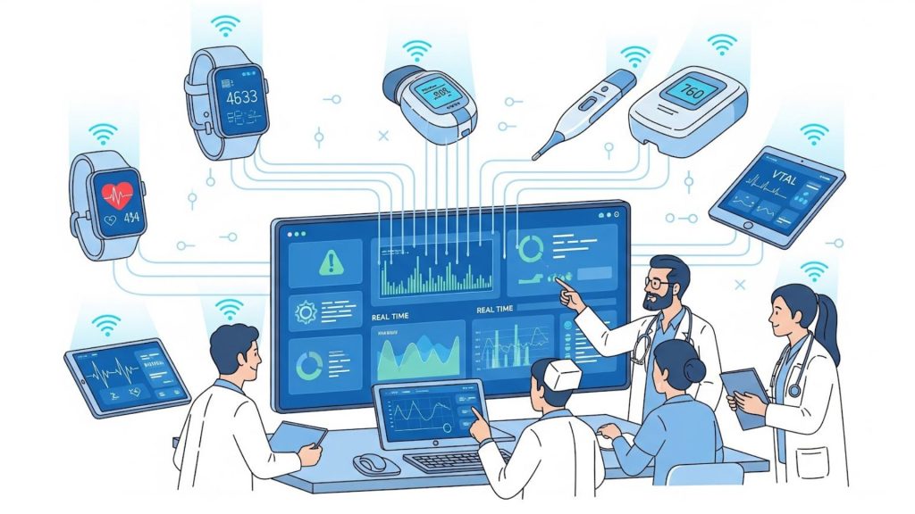 Remote patient monitoring dashboard showing data from multiple patients