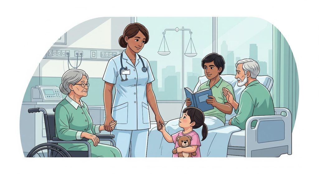 Justice in nursing represented by a nurse treating diverse patients fairly