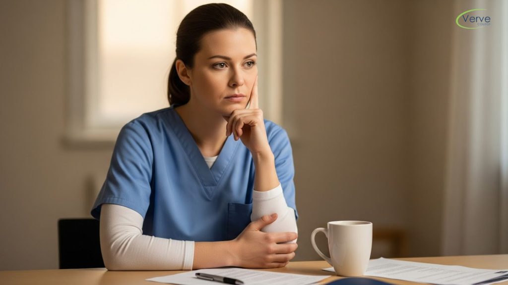 LPN nurse reflecting on work performance, thoughtful and self-assessing