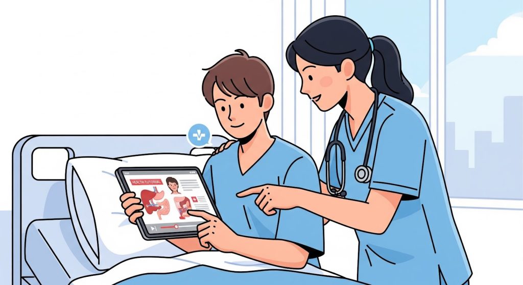 Patient learning about their chronic condition on a tablet.